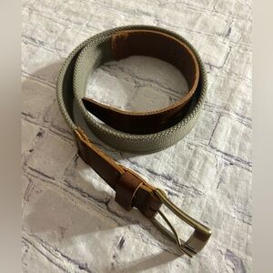 EDDIE BAUER MENS BROWN LEATHER POLYESTER WEB KHAKI GREEN UNIQUE BUCKLE BELT 34